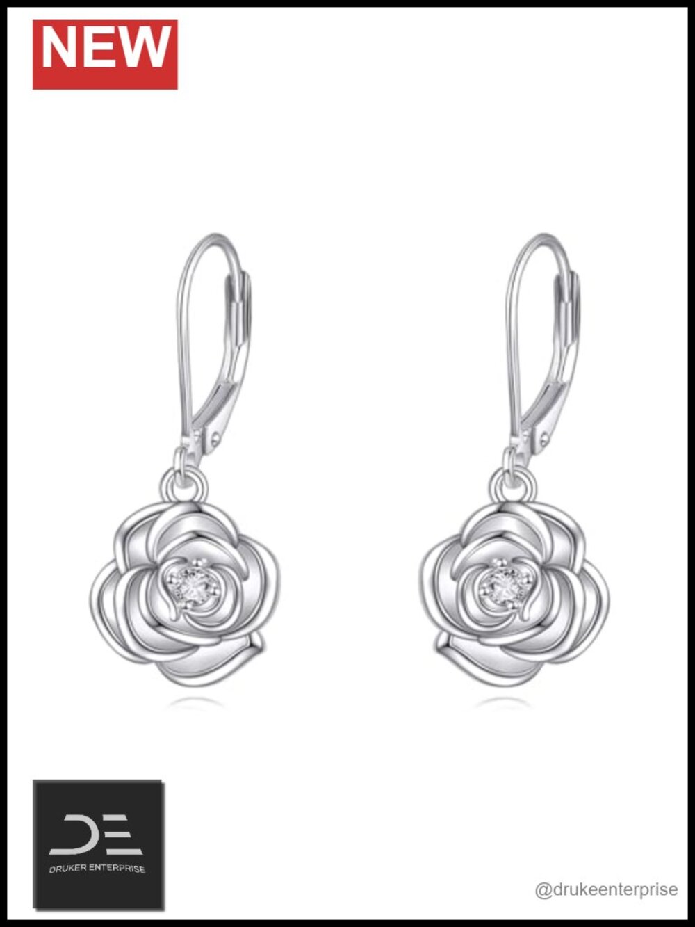 925 Sterling Silver Rose Leverback Earrings Vintage Dangle Drop Jewelry